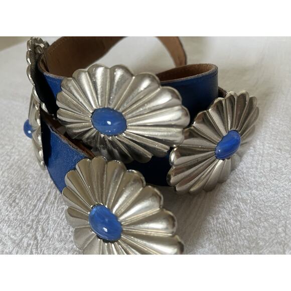 VTG Rare 33" 80s ACCESSOCRAFT NYC Glass Cab 5 Concho Buckle Blue Leather Belt - Picture 15 of 16